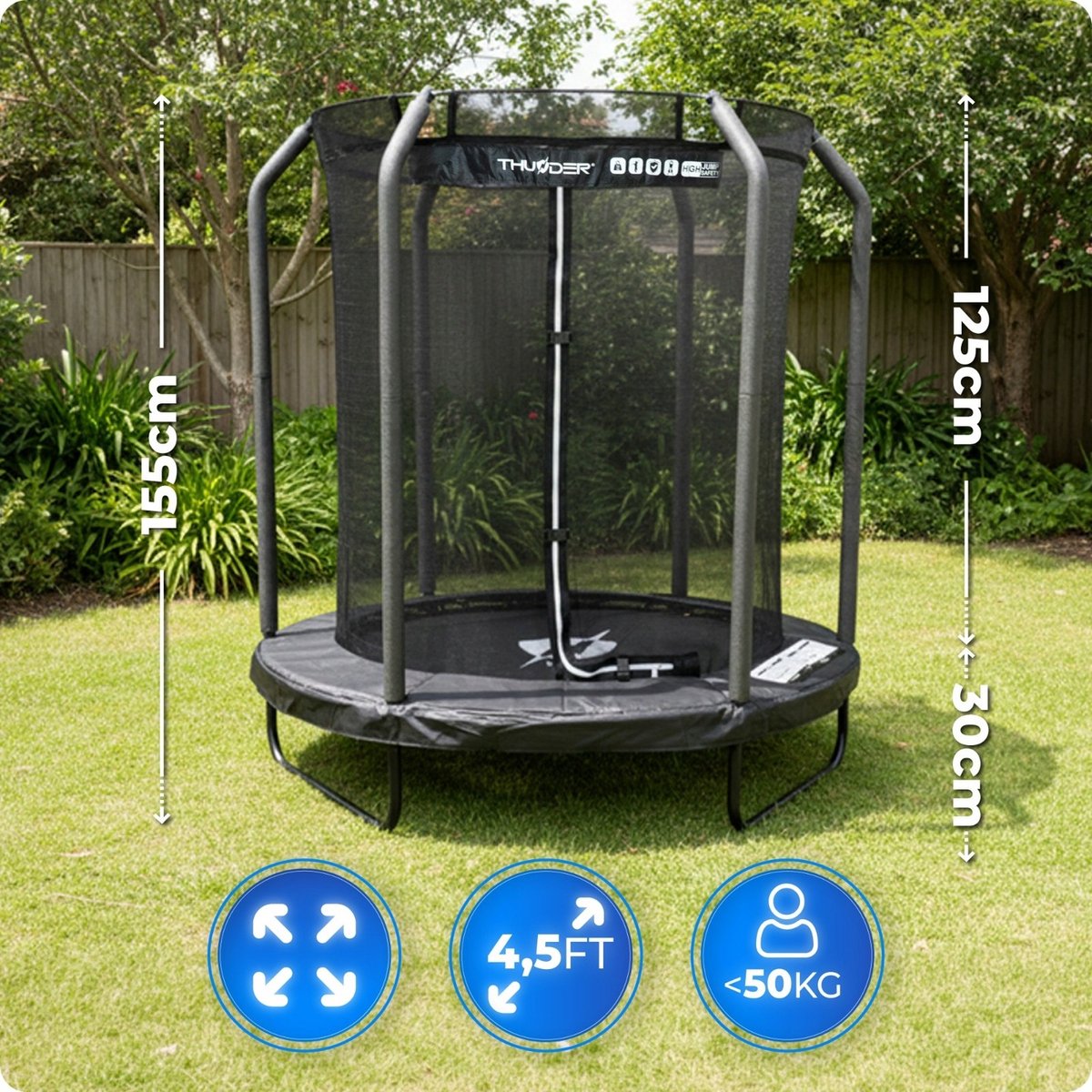 Thunder Trampoline 140 cm – Ronde Trampoline – Max. 50 kg - Zwart — afbeelding 6