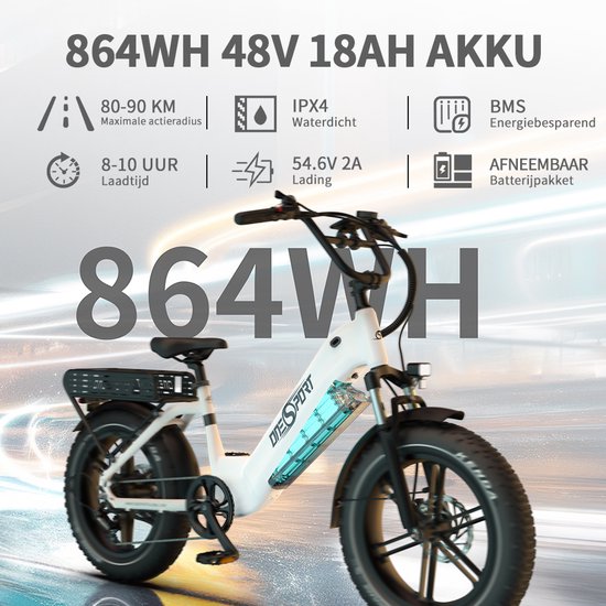 OneSport - Elektrische Fiets met 864Wh Uitneembare Accu - Max.100 km Bereik - 20×4 Inch Banden - Shimano 7 Versnellingen & Hydraulische Schijfremmen - Aluminium Frame - Wit van ONESPORT — afbeelding 2