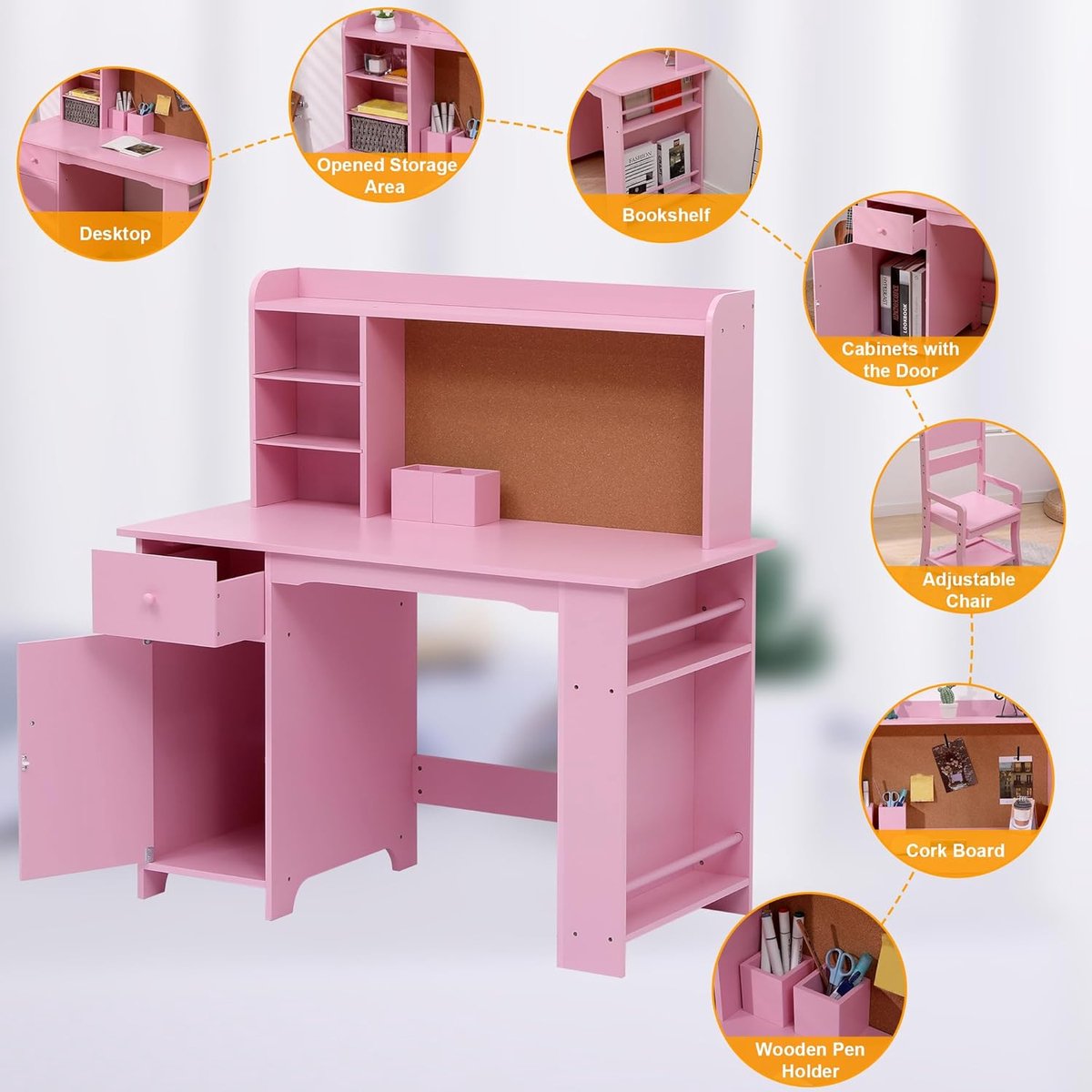 Kinderbureau Houten Set met Stoel, Etagère en Opbergruimte thumbnail 6