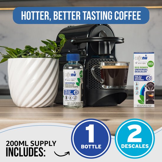 Caffenu Universele Vloeibare Ontkalker Koffiemachine 200 ml - Geschikt voor o.a. Nespresso, Senseo, Dolce Gusto, Philips, De’Longhi en Siemens - 2 Doseringen - Goed voor 8 Maanden