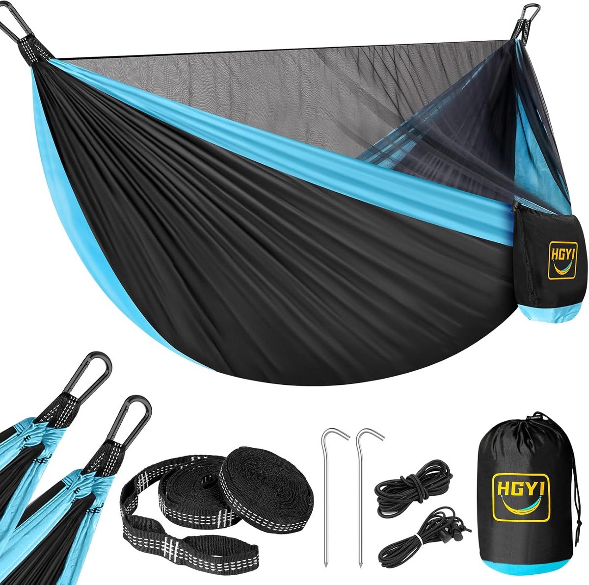 Campinghangmat met klamboe - dubbele en enkele draagbare hangmatten met 2 boomriemen voor reizen, kamperen, binnen en buiten, wandelen, backpacken, achtertuin, strand