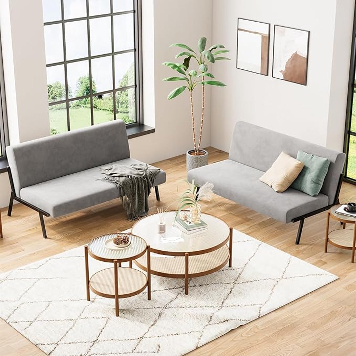 Slaapbank met Opbergruimte & USB-Poorten 204 x 134 cm – 3-in-1 Uitschuifbare Sofa Bed met Chaise Longue, Bekerhouders, Bedlade en Opbergvak – 3-Zits Multifunctionele Logeerbank voor Woonkamer & App...