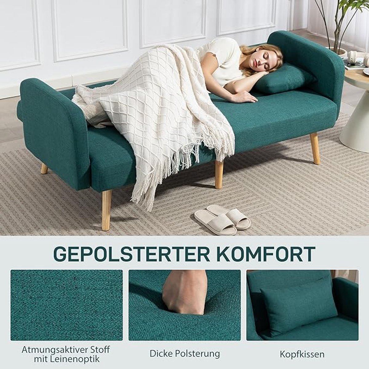 Slaapbank 3-Zits 170x83 cm – Uitklapbare Bedbank met Verstelbare Rugleuning en Armleuningen, Linnenlook Stoffen Bank met Kussens voor Woonkamer en Slaapkamer, Groen – Pauwhome