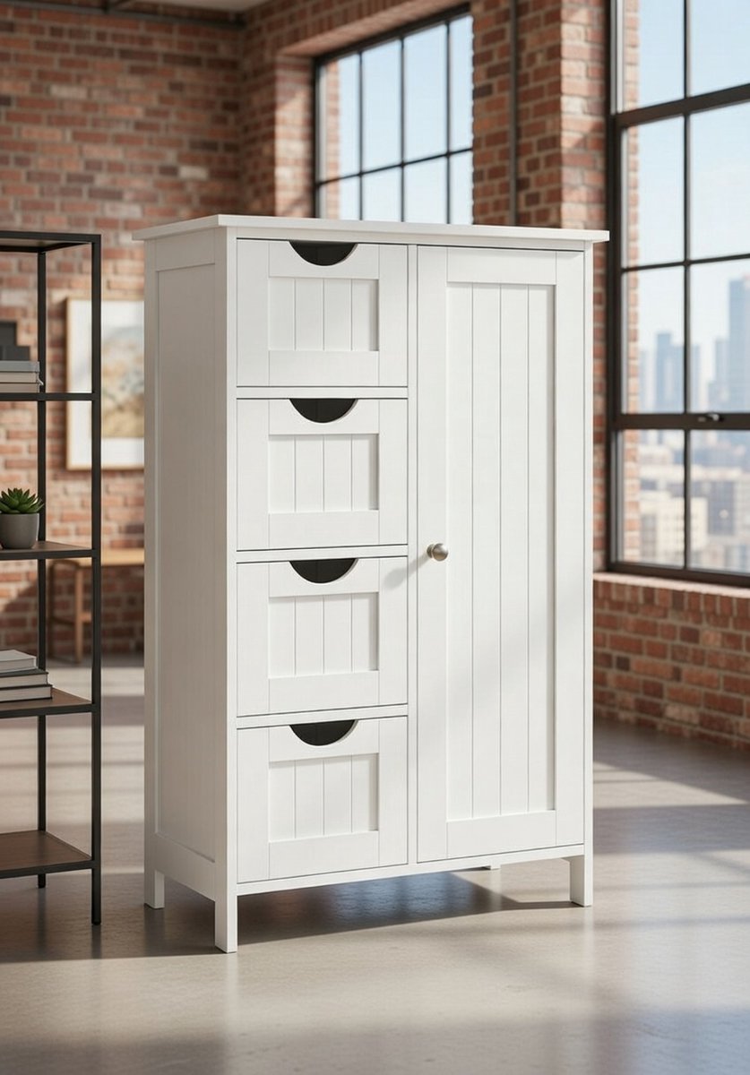 Serena Luxe badkamerkastje met 4 lades en deuren 55x81x30 cm – Wit Landelijk Opbergmeubel 