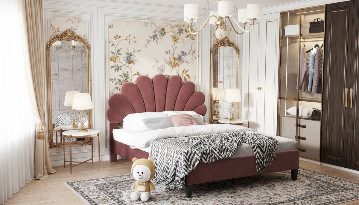 Gestoffeerd Bed 140x200 cm – Casa Velluto Fiora Velvet Kinder- & Tienerbed – Bloemvormig Hoofdeinde – Inclusief Lattenbodem – Rood Velours – Tweepersoons Bedframe