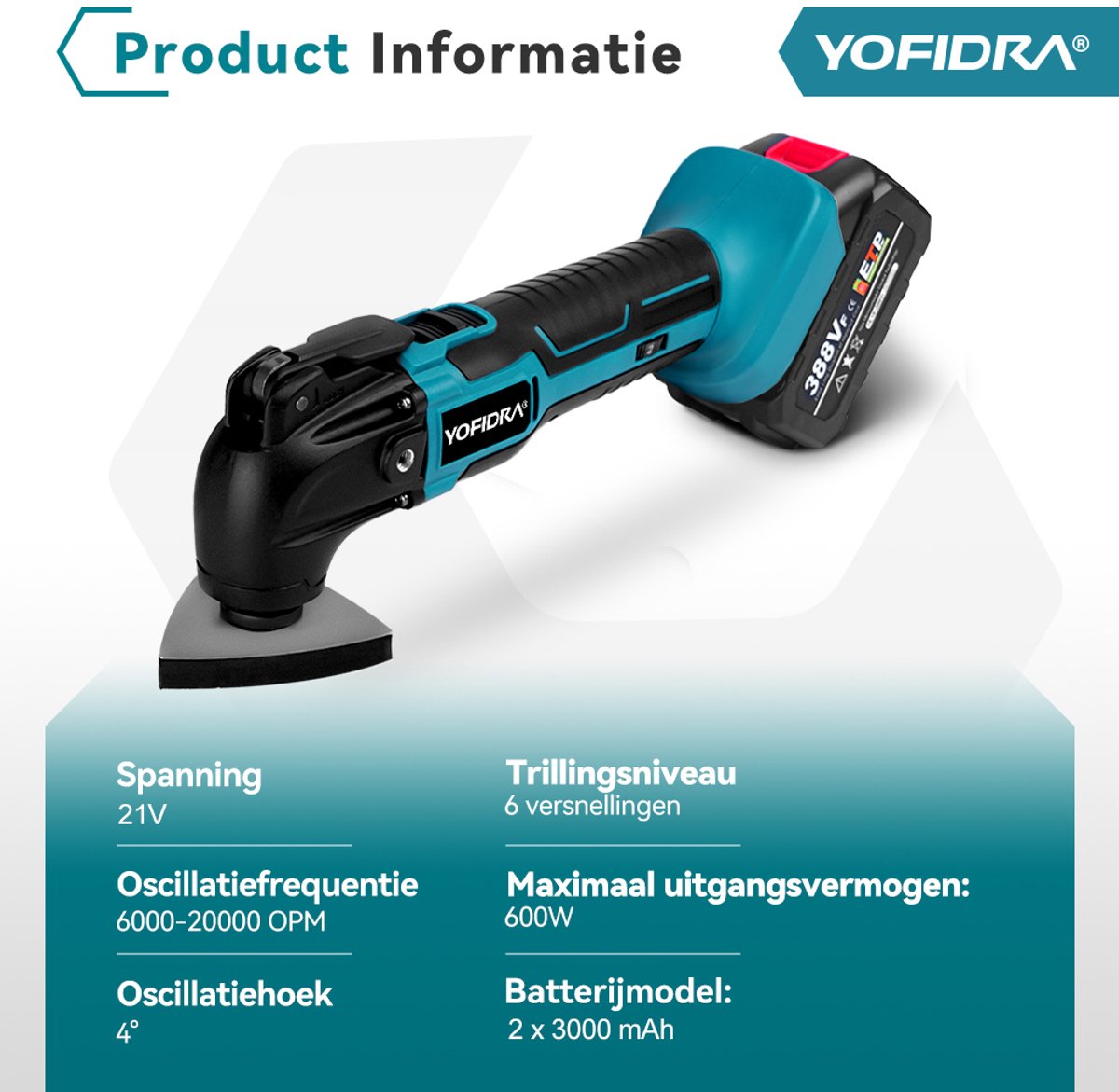Yofidra Oscillerende Multitool - met 2x 3.0Ah Accu’s & 42x accessoires - Professional Accu Multitool - 4° oscillatiehoek - voor snijden, slijpen, polijsten thumbnail 3