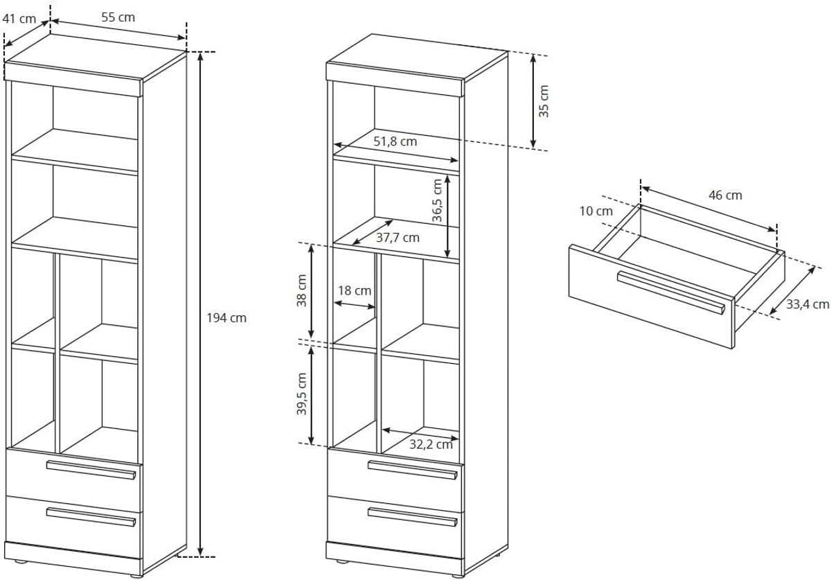 Boekenkast–Boekenkast Casa Velluto Nordica 55 cm met 2 Lades – Moderne Smalle Opbergkast in Grafiet & Pine Andersen – Hoge Kast voor Woonkamer, Kantoor en Slaapkamer – 194 cm Hoog