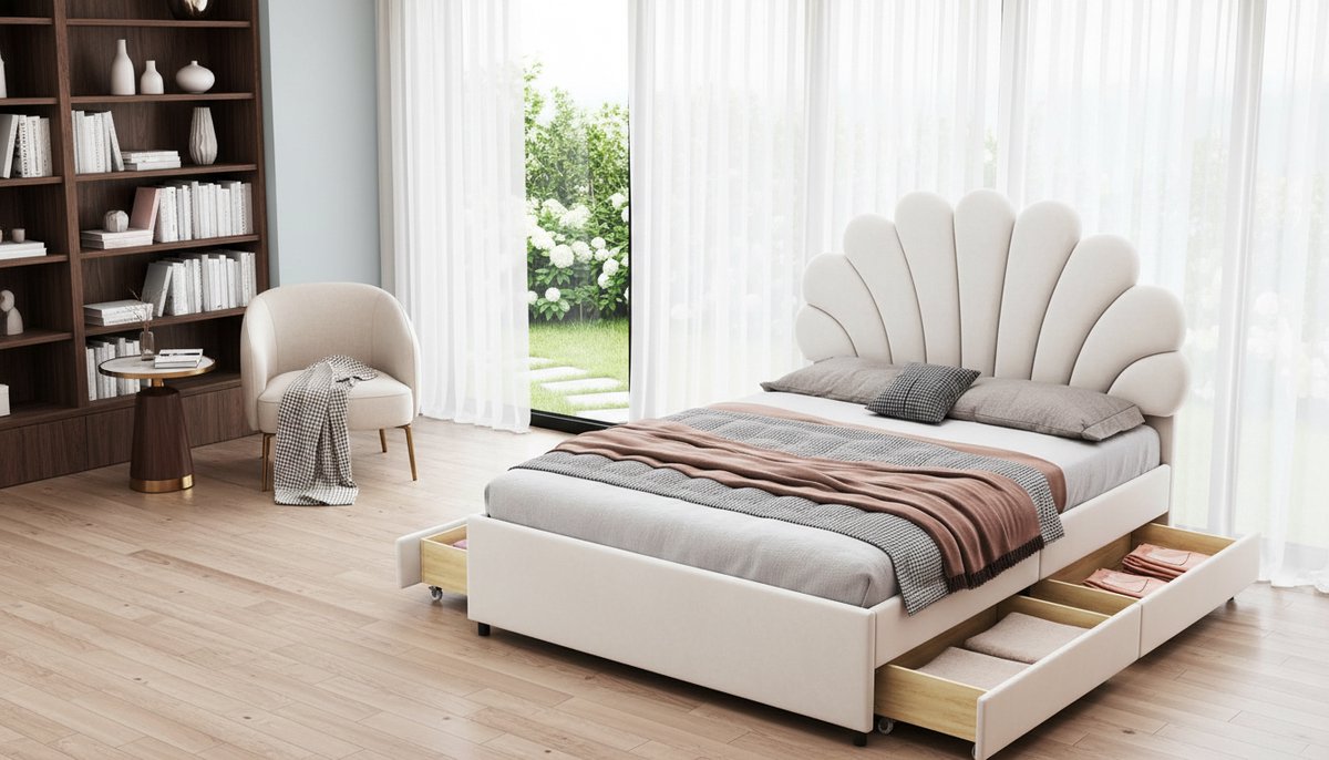 Tienerbed 140x200 cm met 4 Opbergladen – Casa Velluto Aurora Velvet Bed – Verstelbaar Hoofdeinde – Beige Fluweel – Houten Lattenbodem – Art Deco Tweepersoonsbed
