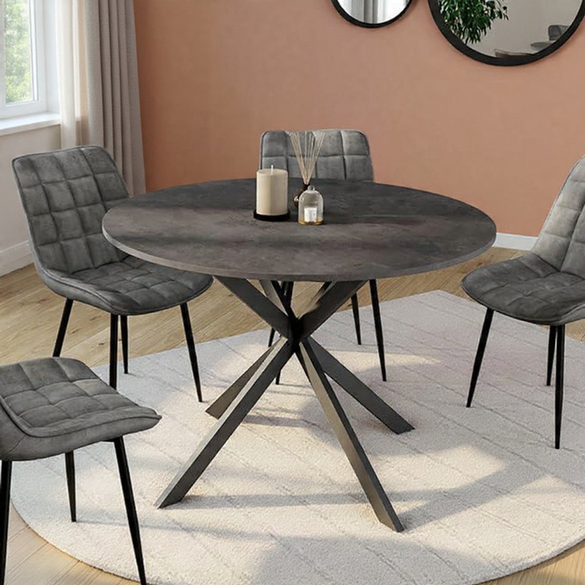 Jasmina Ronde Eettafel 110 cm - Betonlook Tafelblad met Zwart Spinzwembad - Industrieel Design voor 4-6 Personen - Antracietgrijs Casa Serena – 110 cm – Casa Dorada