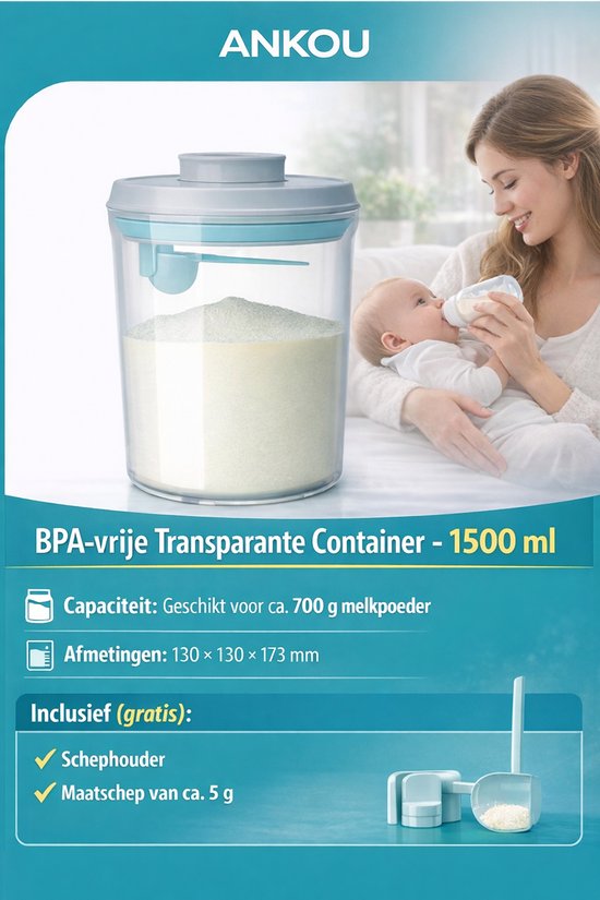 Ankou Melkpoeder Bewaardoos 1500 ml - Luchtdichte Babyvoeding Container met Drukknop en Maatschep - BPA-vrij — afbeelding 4