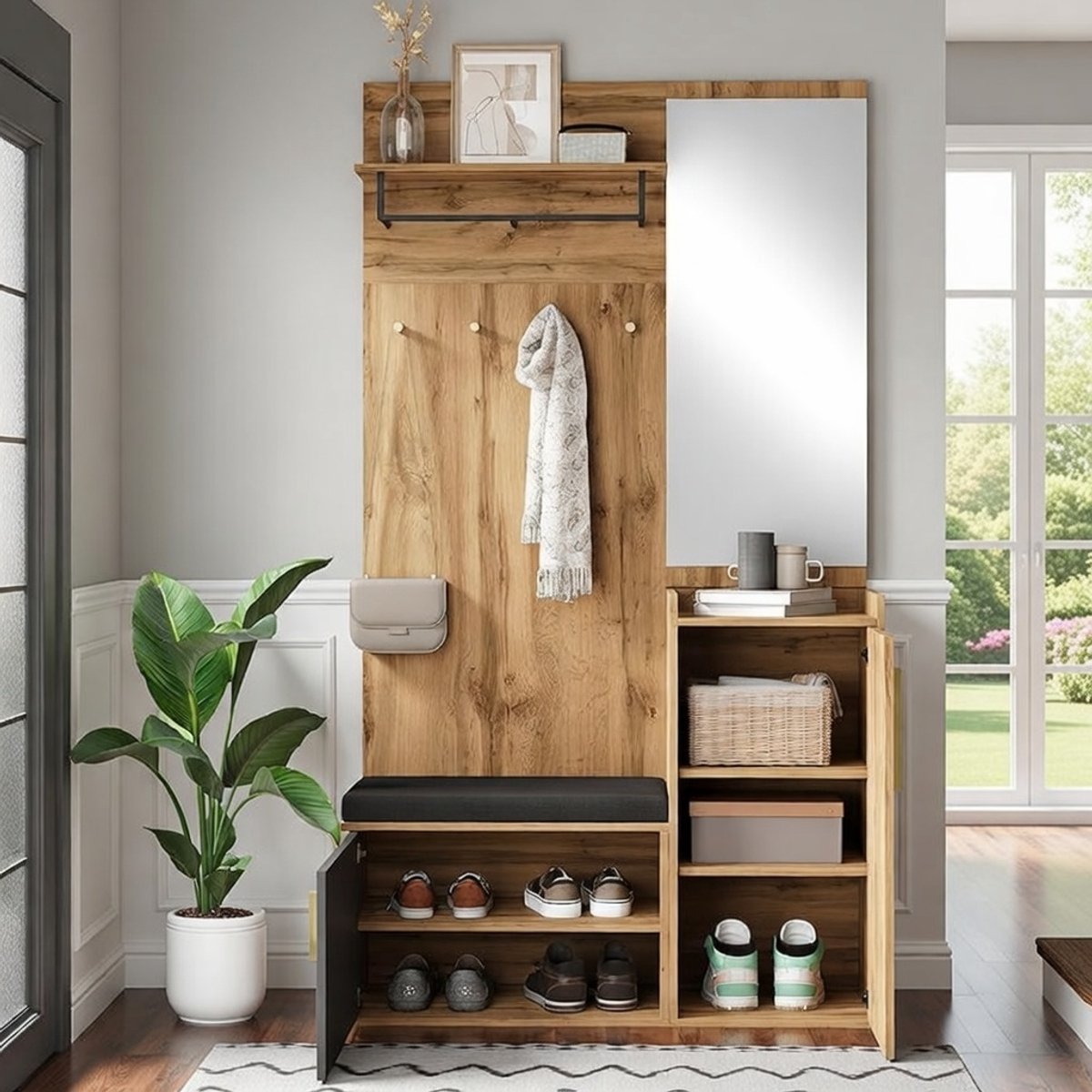 Lugano Luxe Halmeubel met spiegel, Schoenenkast en Zitbank 100x38x185 cm - Eikenlook met zwarte accenten - Casa Serena – Casa Dorada
