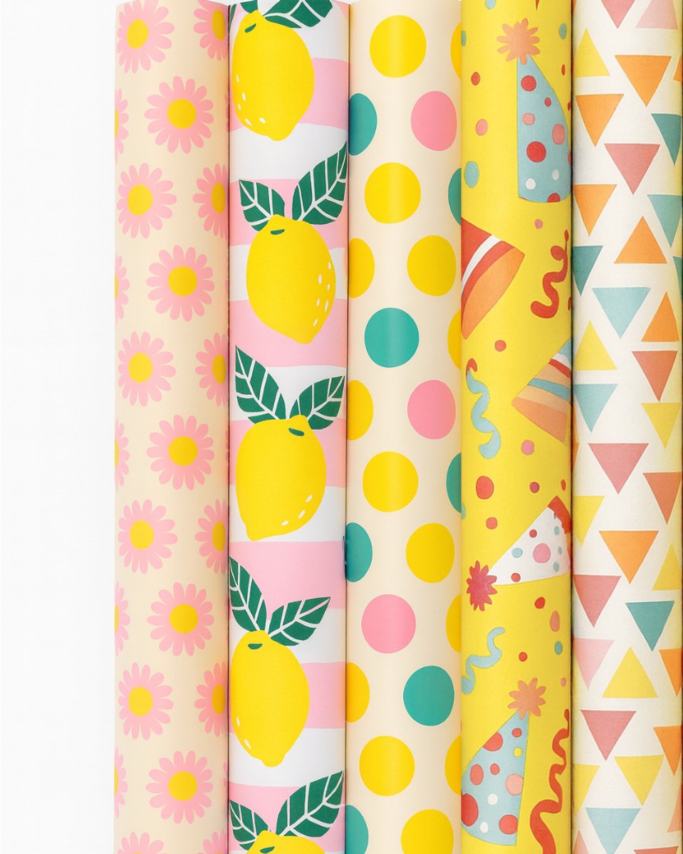 Cadeaupapier – “Sunny Vibes” – (5 STUKS) – 200 × 70 cm – Geel, Roze & Pastel – Bloemen, Citroenen & Grafische Prints – Inpakpapier – Zomer – Vrolijk Cadeaupapier