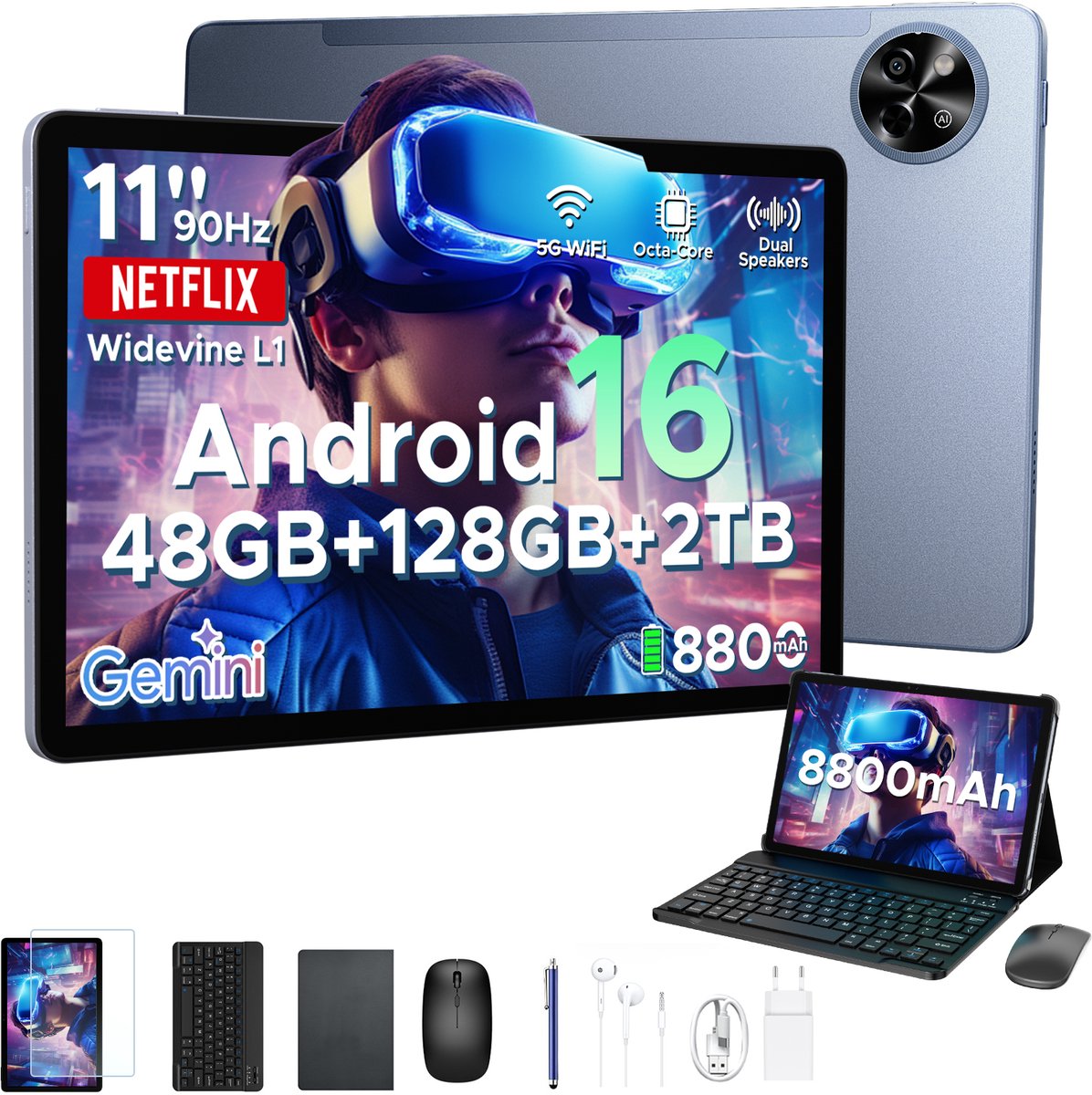 POCKAM P11 Tablet - 48GB RAM+128GB ROM/TF 2TB - Android 16 - 11 inch tablet 90Hz - T7250 - 8800mAh - 13MP+5MP - Gemini AI - Widevine L1 - Face ID - 5G WIFI - Dubbele luidsprekers - Pen, toetsenbord, muis - Grijs