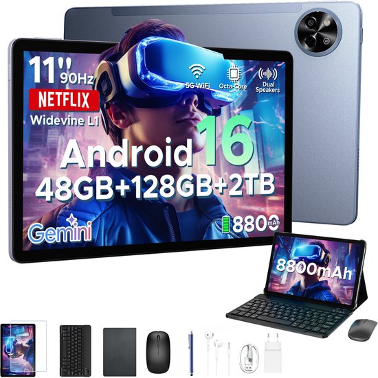 POCKAM P11 Tablet - 48GB RAM+128GB ROM/TF 2TB - Android 16 - 11 inch tablet 90Hz - T7250 - 8800mAh - 13MP+5MP - Gemini AI - Widevine L1 - Face ID - 5G WIFI - Dubbele luidsprekers - Pen, toetsenbord, muis - Grijs