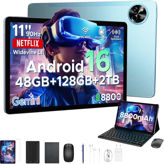 POCKAM P11 Tablet - 48GB RAM+128GB ROM/TF 2TB - Android 16 - 11 inch tablet 90Hz - T7250 - 8800mAh - 13MP+5MP - Gemini AI - Widevine L1 - Face ID - 5G WIFI - Dubbele luidsprekers - Pen, toetsenbord, muis - Blauw