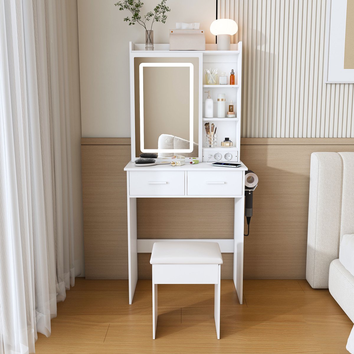 STILVORA Kaptafel 60 Cm – Spiegel Met Driedelige Ledverlichting – Usb En Stopcontact – Met Opberglades – Voor Kleine Slaapkamer – Mdf – Zonder Kruk – Wit