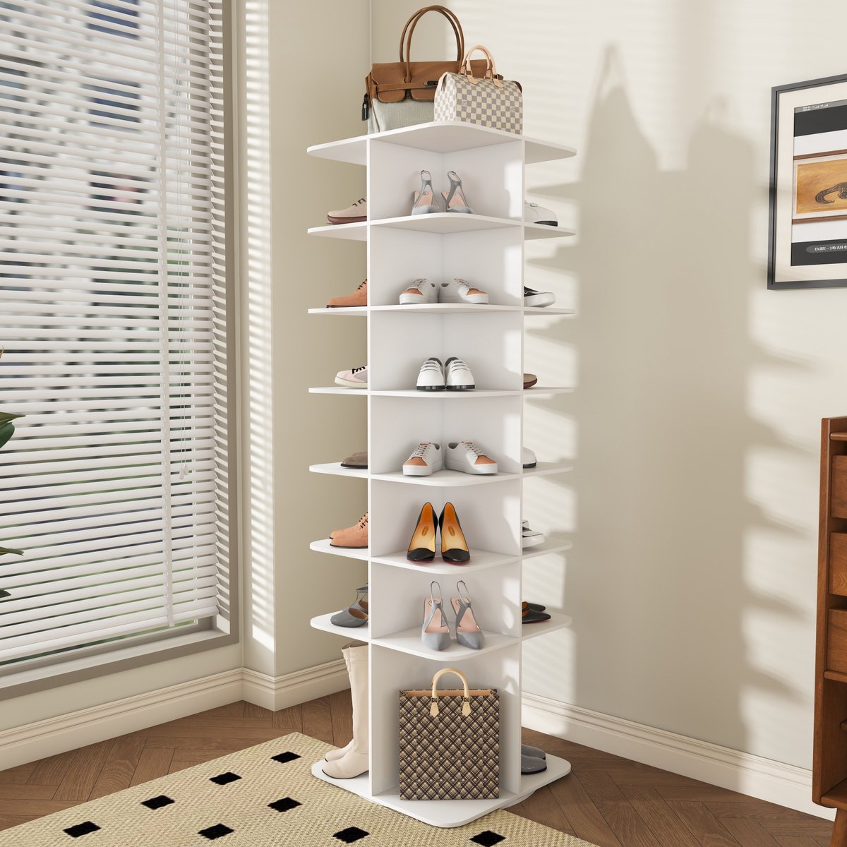 STILVORA Draaiende Schoenenrek 60x60cm – 7 Laags Schoenenorganizer Toren – 360 Graden Draaibaar – Ruimte Voor 28 Paar – MDF – Zonder Matras – Wit