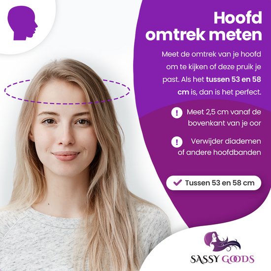 Een vrouw met blond haar. De tekst 'Hoofdomtrek meten' en 'Tussen 53 en 58 cm' staat ernaast.
