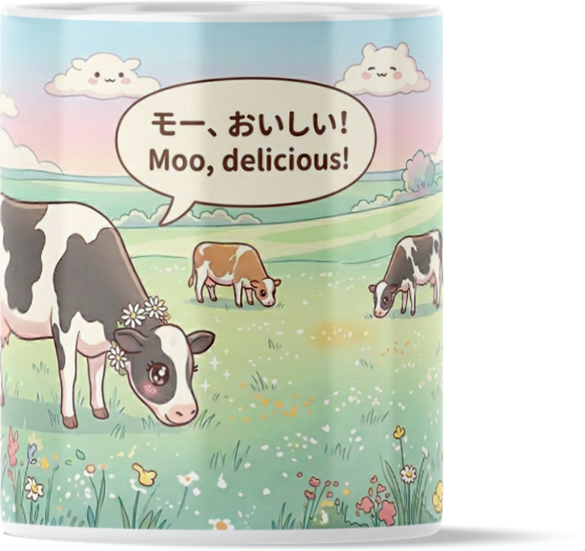 Kawaii Koeien Mok Cadeau voor haar: Vrouw, Vriendin of Collega - Schattige Koeien in de Wei "Moo Delicious" Illustratie - Hollandse Boerderij Japanse Anime Stijl - Pastel Groen en Geel Design - Vrolijke Melkbeker