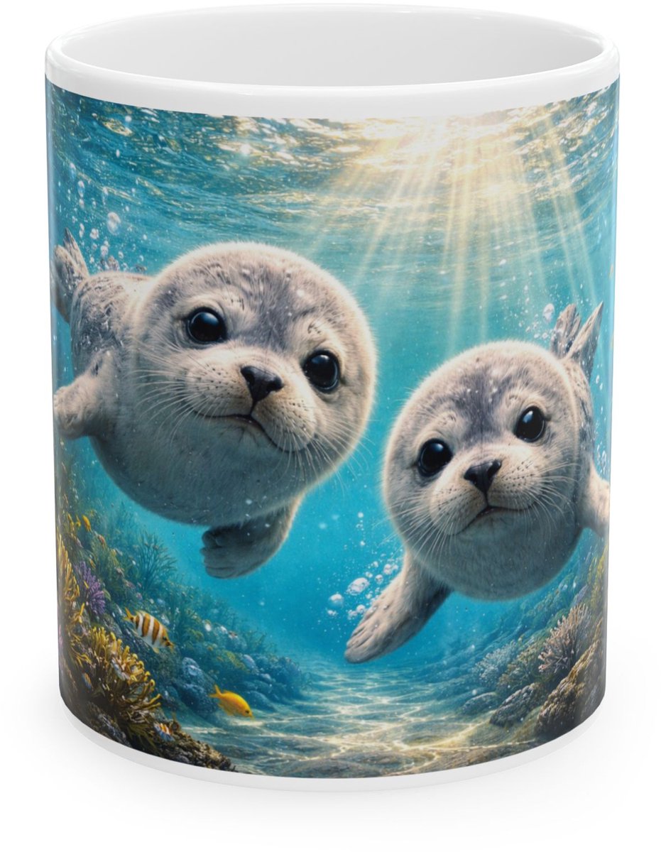 Plot-Twister - Dieren Mok 330ML – Zeehond Oceaan Omgeving - Keramische Koffiemok met Unieke Dierenprint – Vaatwasser & Magnetronbestendig – Cadeauverpakking met Venster