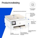 Witte HP Envy Photo printer met beige deksel en details. Touchscreen, automatische documentinvoer, claim over gerecycled plastic en Instant Ink.