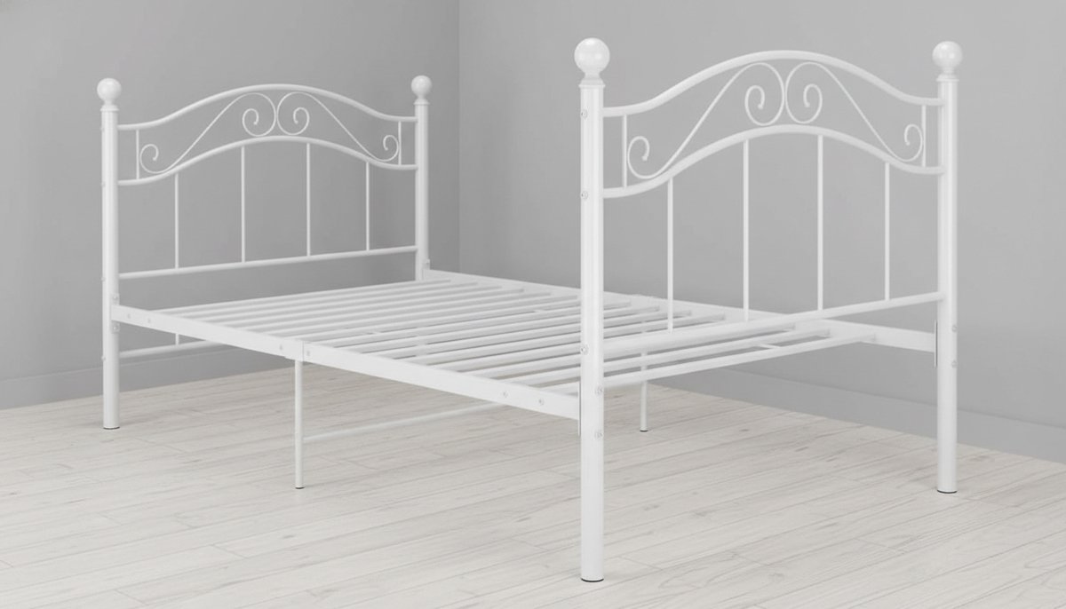Metaal Eenpersoonsbed Casa Velluto 100x200 cm – Stevig Wit Bedframe met Lattenbodem, Duurzaam Slaapmeubel voor Kinderkamer, Tienerkamer en Logeerkamer – Comfortabel en Modern Ontwerp