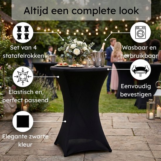 Ensemble jupe de table debout - 4 pièces - ∅80-85 x 110cm - Nappe de table debout - Lavable et Elastique - Zwart