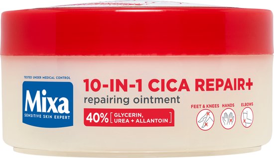 Pot met rode deksel. "10-IN-1 CICA REPAIR+" herstellende zalf, 40% glycerine, urea en allantoïne. Voor voeten, handen en ellebogen.
