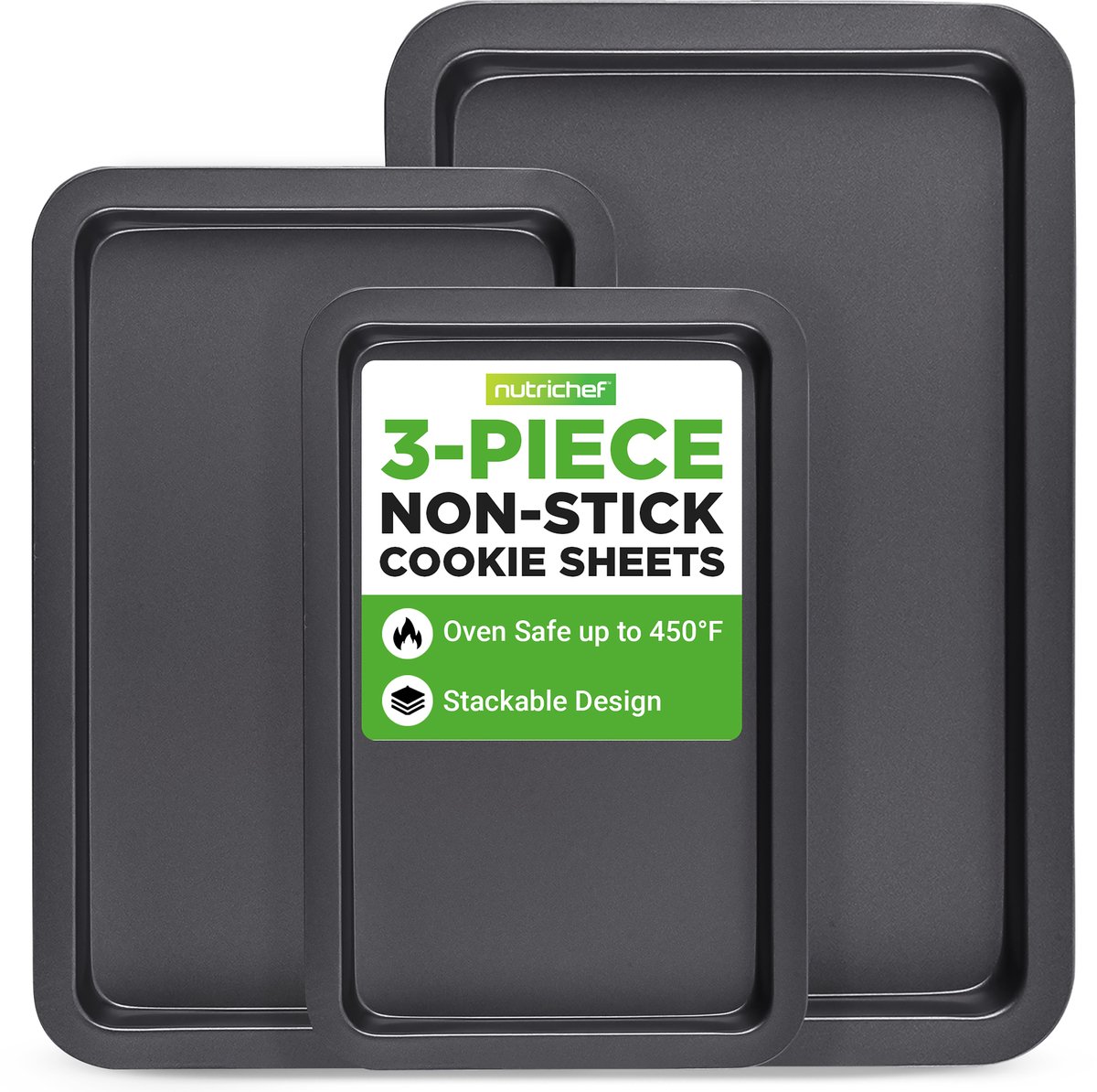 NutriChef - 3-delige Antiaanbak Bakplaten Set - Zwart - Oven & Broodrooster