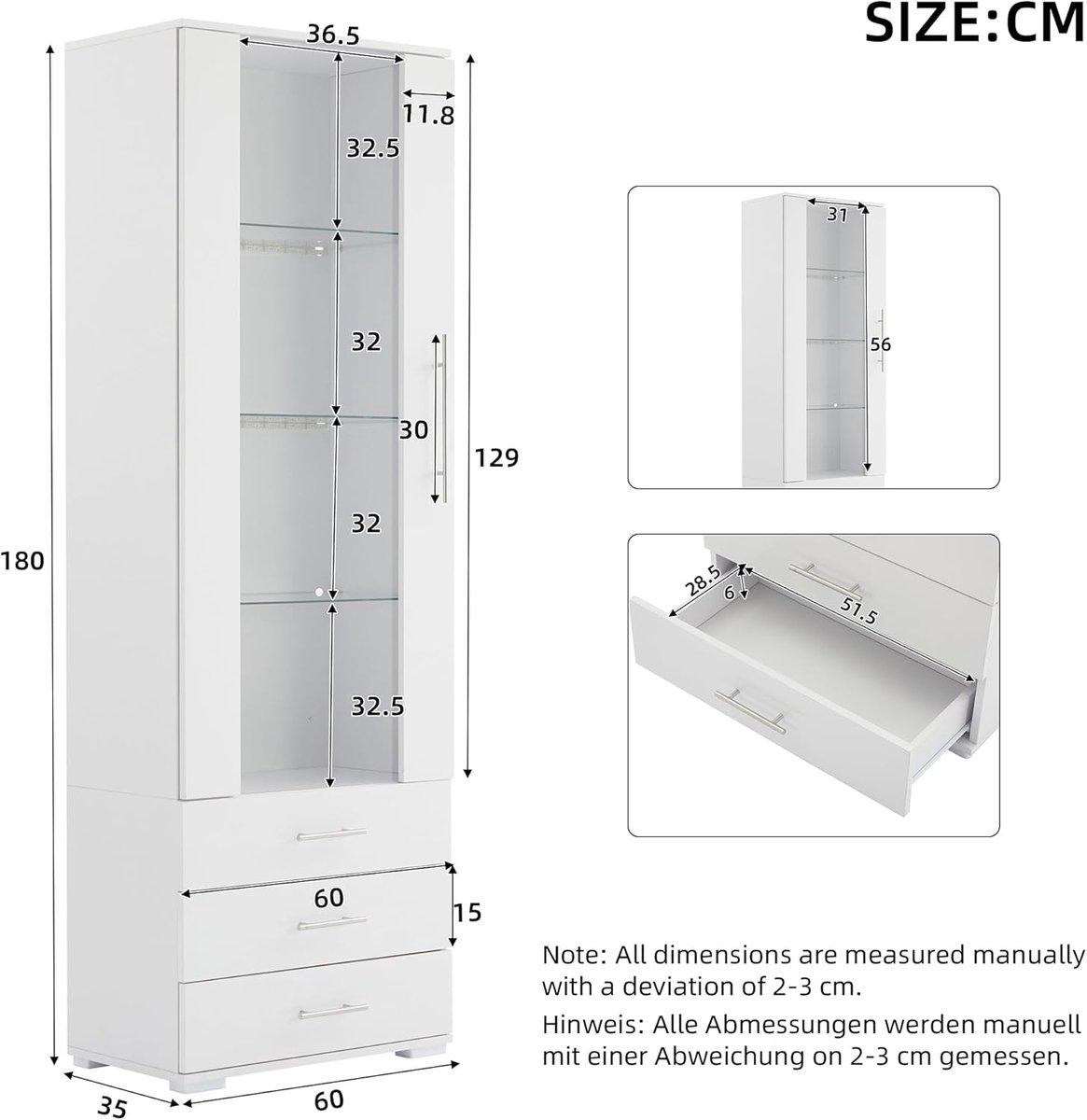 Vitrinekast – Casa Velluto LED Glazen Vitrine Hoogglans Wit met Deuren en 3 Lades – Boekenkast, Keukenkast en Multifunctionele Kast voor Woonkamer, Slaapkamer of Kantoor – 180 cm Hoog