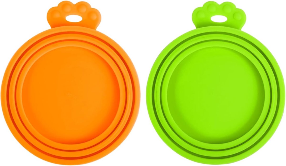 Sander Shop 2 verpakkingen siliconen huisdierblikdeksels, universele maat voor honden- en kattenvoer, 1 pasvorm en 3 blikjes in standaardformaat, BPA-vrij vaatwasmachinebestendig (oranje, groen)
