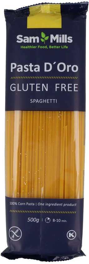 Verpakking met Sam Mills Pasta D'Oro Gluten Free Spaghetti, 500g.