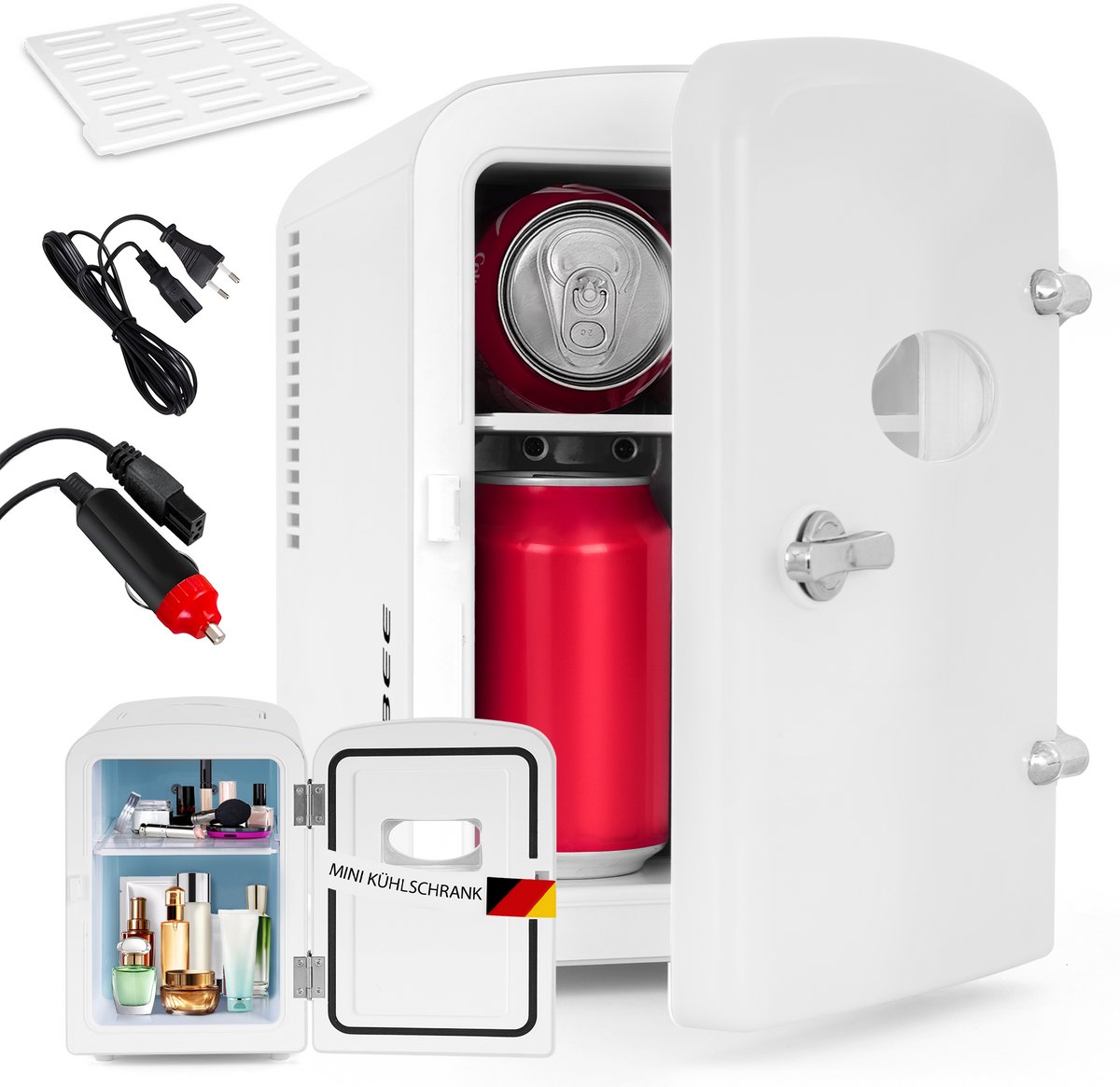 Glitzerlife - Mini Koelkast 4L - Draagbare koelkast 12V 230V - Stil 25dB - Thermo-elektrische koeling tot 18°C onder omgeving - ideaal voor auto, kamer, camping, camper, kantoor en reizen - Wit