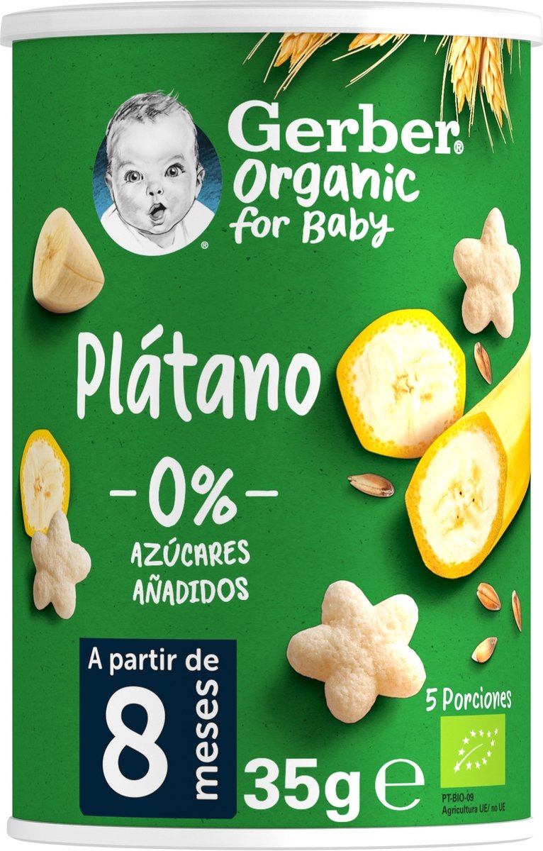 Babyhapjes, ontbijtgranen met banaan +8m 35 g|Baby snacks, cereal puffs with banana +8m 35 g|Collations pour bébé, céréales soufflées à la banane +8 mois 35 g