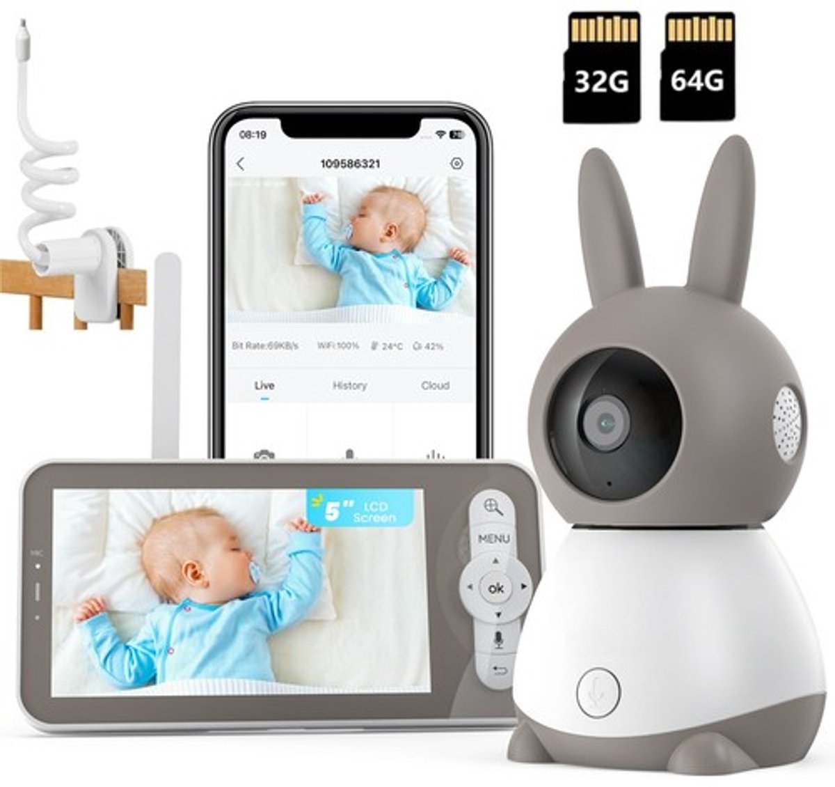 ieGeek Babyfoon met 2 Camera's en Groot 5 Inch HD Baby Monitor - met Slimme Functies - Nachtzicht - Baby Camera - Inclusief Flexibele Houders 32 GB 64 GB-kaart