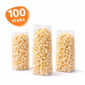 Drie transparante zakjes gevuld met popcorn, met een oranje cirkel met '100 stuks'.