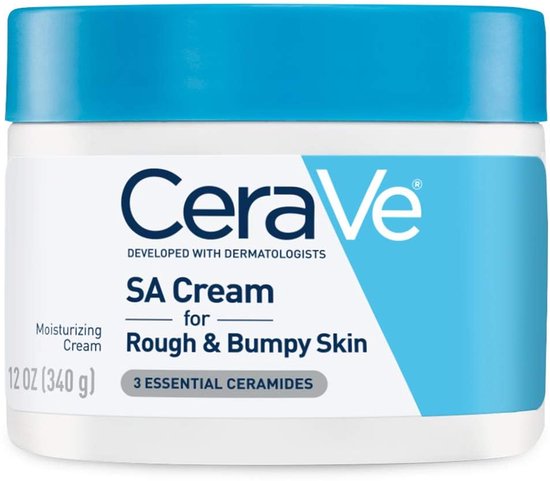 Witte pot met blauwe deksel, CeraVe logo, SA Cream voor ruwe en bobbelige huid, 12 OZ (340g), 3 essentiële ceramiden.