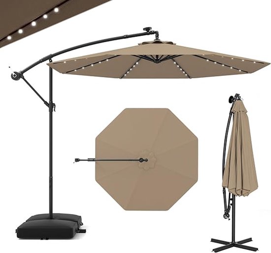 Bruine zweefparasol met zwarte paal en LED-verlichting. Inclusief basis en dichtgeklapte parasol.