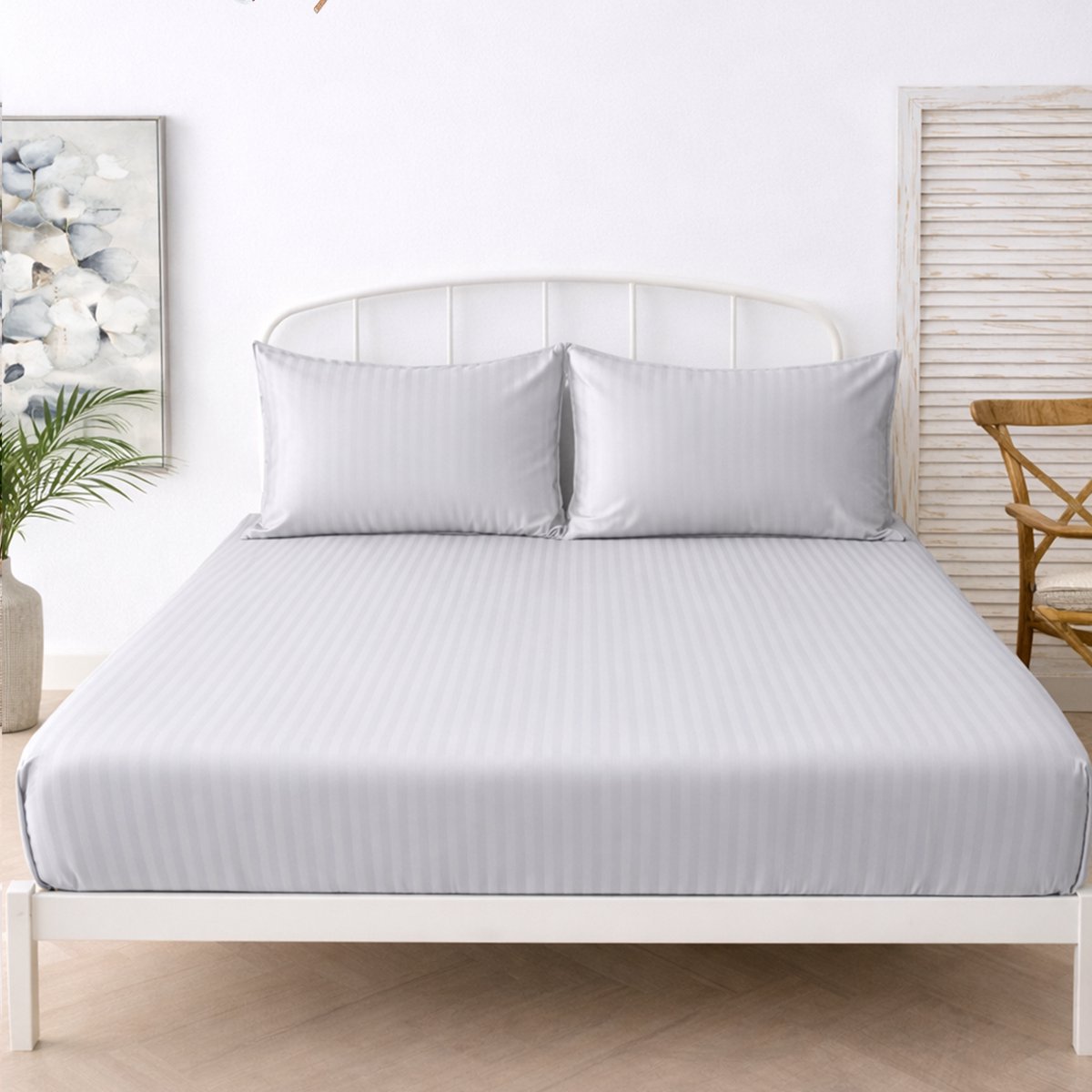 Boraboi® Luxe 3-delige Hoes Laken Set Katoen ,Satijnlook,Gestreept ,Grijs 160 x 200 cm