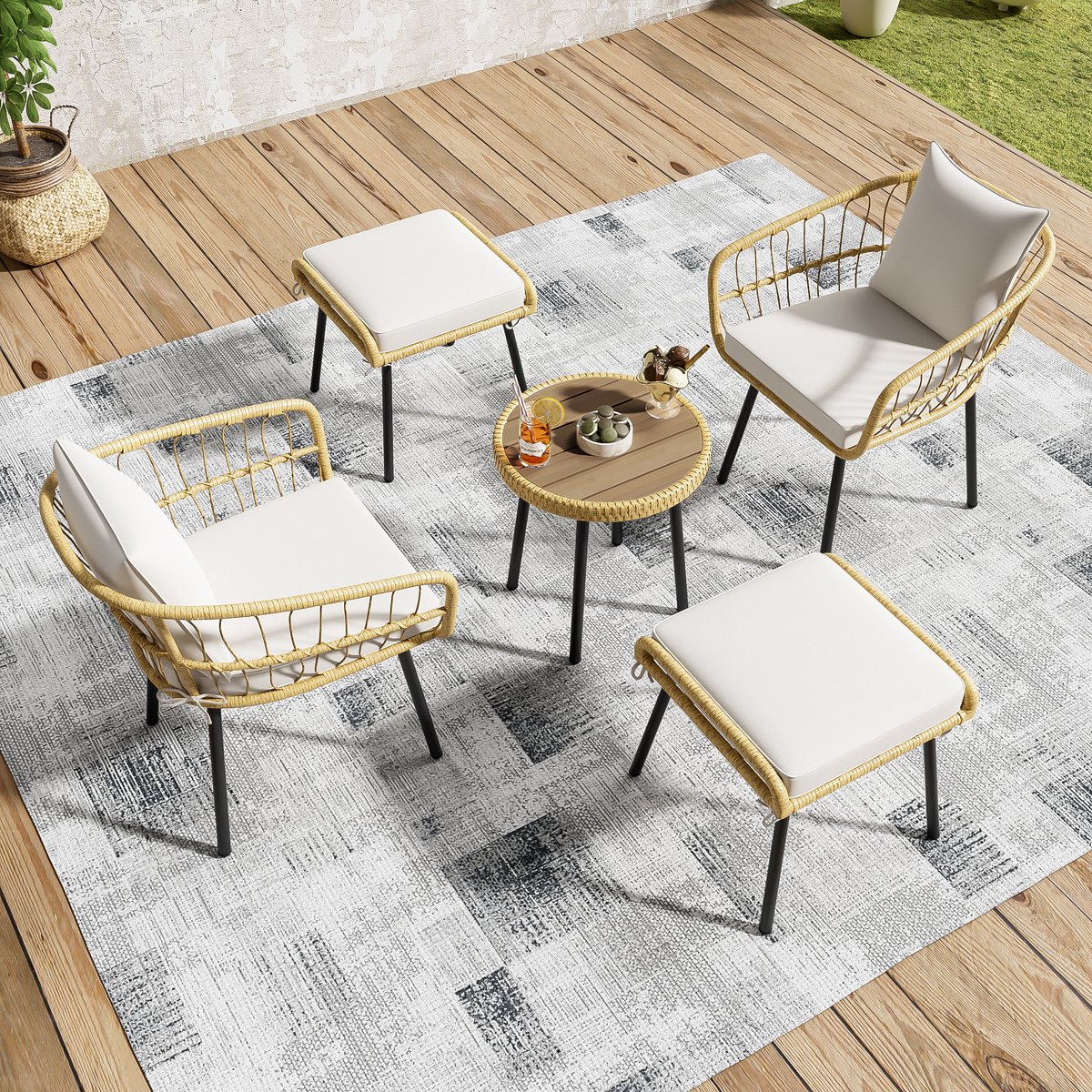 HAUSS SPOLE Tuin Loungeset 5-Delig - Met Tafel 2 Stoelen 2 Hockers - Weerbestendig Rattan - Met Kussens - Voor Terras - Wit Naturel
