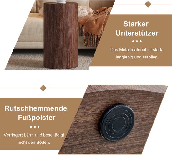Walnoothouten bijzettafel met "Starker Unterstützer" en "Rutschhemmende Fußpolster", met detail van de voet.