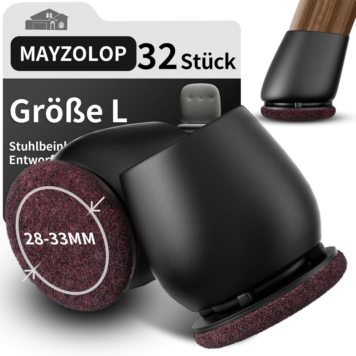 Stoelpootdoppen 32 stuks - Ronde Beschermers voor Schuine Stoelpoten - Zwart (29-34 mm)