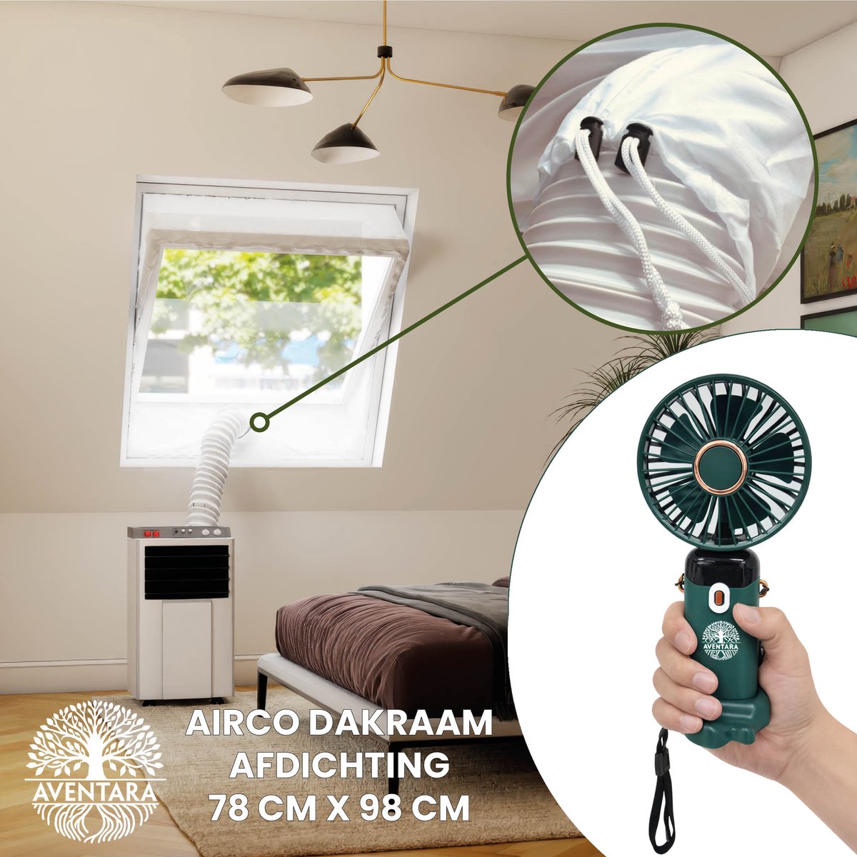 Airco Dakraam Afdichting 78 x 98 cm + Handventilator – Mobiele Airco Raamafdichting Dakraam – Geschikt voor Velux MK04 (GGL 1, 304, M04) – Fakro Optilight 05