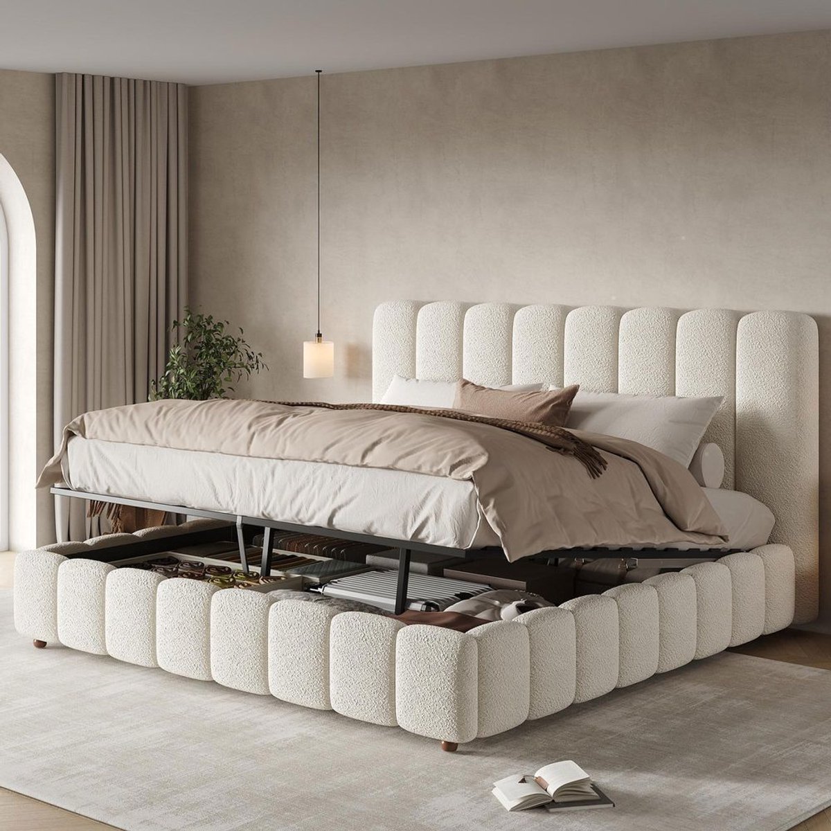 BLACKCOLORS Gestoffeerd bed, tweepersoonsbed, 180*200 cm, functioneel hydraulisch bed, bed met lattenbodem, hoofdeinde en grote opbergruimte, gestoffeerd hoofdeinde, wit gekruld