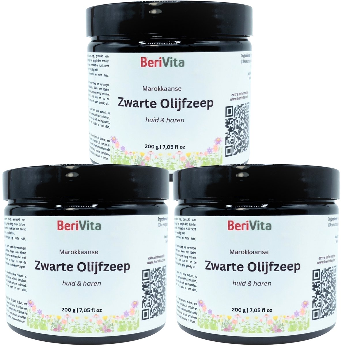 Marokkaanse Zwarte Zeep, Olijfzeep 3x200gr - Olijfolie Zeep, Sabon Beldi - Moroccan Black Soap