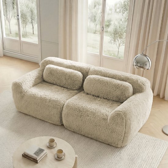 HAUSS SPOLE Zitbank 2-Zits - Modulair Zonder Frame - Vrij Te Combineren Met Kussen - Voor Woonkamer En Slaapkamer - Pluche Licht Khaki