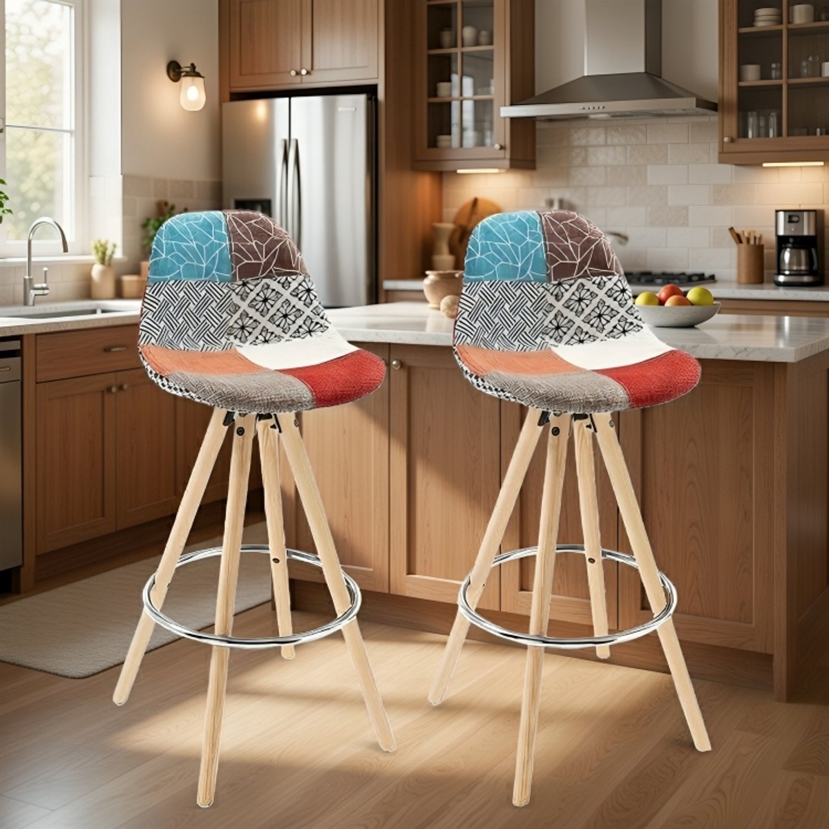 Moderne Barkrukken met Rugleuning en Voetensteun – Set van 2 – Houten Poten & Linnen Zitti