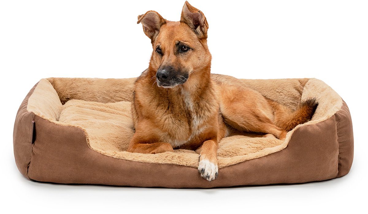 lionto zacht Hondenbed, omkeerbaar kussen & antislip bodem 90x70 cm bruin/beige