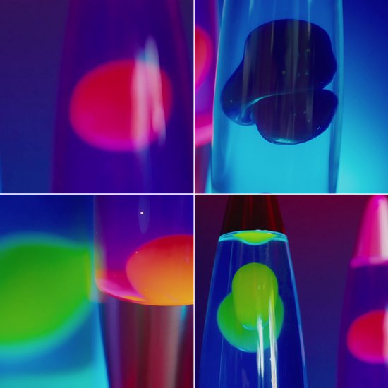 Close-up van vier lava lampen met bewegende, gekleurde lava bellen.