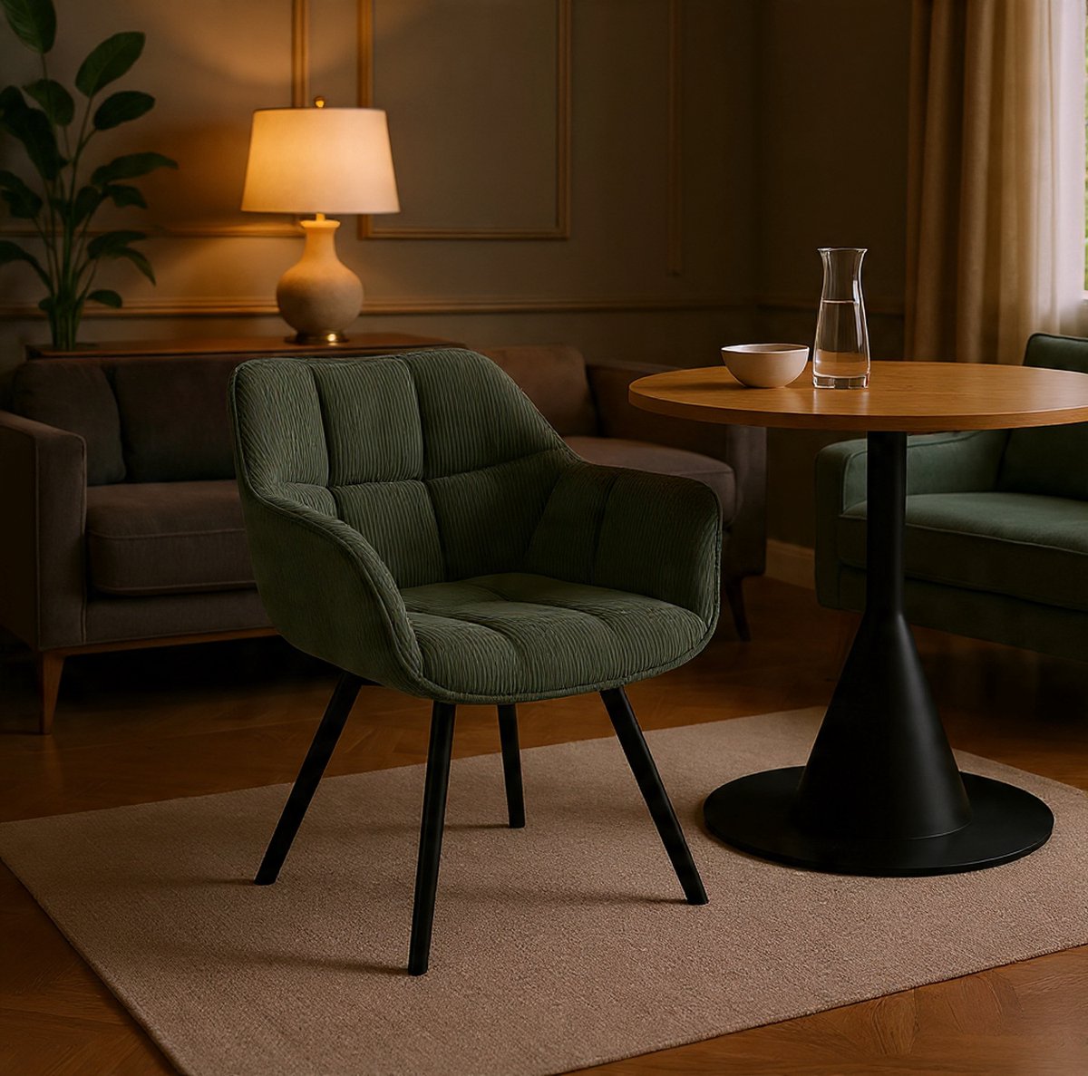 Premium Jordi Cord Luxe Draaibare Eetkamerstoel Set van 2 | Ergonomische Polsterstoelen met Armleuningen | 180° Swivel Design | Zachte Kordstof | Groen-NoviHome